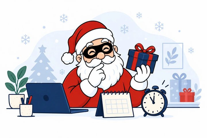Père Noël masqué avec un cadeau, un calendrier et une horloge