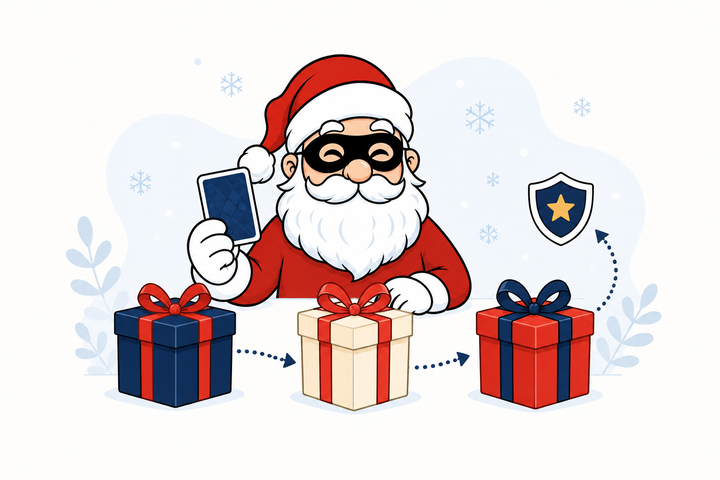 Illustration du jeu Sneaky Santa avec Père Noël masqué, cartes secrètes et cadeaux échangés